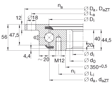 四點接觸球軸承 VLI200414-N, 輕系列 20， 內部的齒輪齒，兩側唇密封